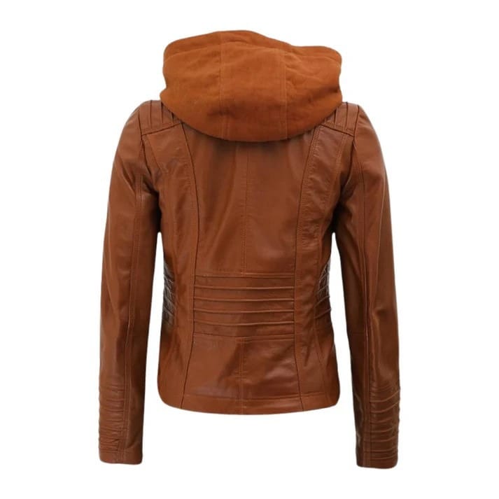 Brown Zipper Front Motorcycle Leather Jacket For Women